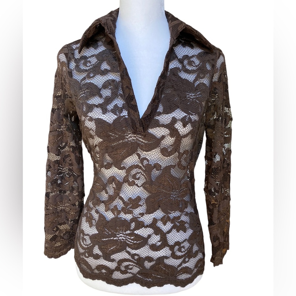 NWOT Women’s Cache Brown Long Sleeve Lace Top size Small - Picture 1 of 4